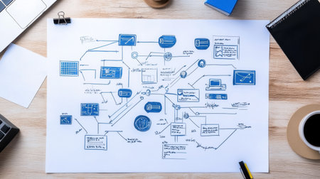 System architecture document open on desk with diagrams, network layout, and data flow annotationsの素材