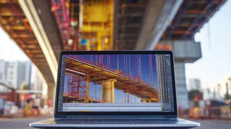 Structural engineers laptop displaying detailed drawings of a bridge, with load analysis and material specificationsの素材