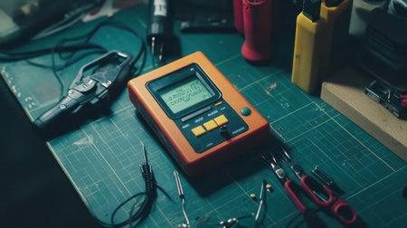 Toolkit with wire cutter, multimeter, and solder wick on anti-static mat beside open circuitの素材