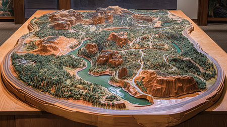 Watershed model with topographical details, water flow paths, and conservation areas markedの素材