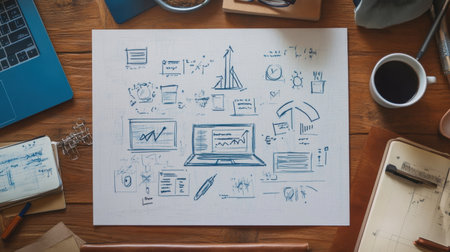 Whiteboard filled with database schema diagrams and backend architecture plan beside laptopの素材