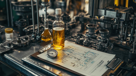 Time study clipboard with stopwatch, process steps, and productivity graph for manufacturing taskの素材