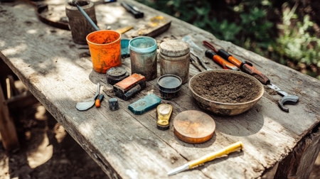 Workbench with compactor calibration tools, soil sample jars, and moisture meters for testingの素材