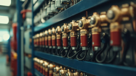 Workspace filled with pneumatic tubes, connectors, and system diagram printed in colorの素材