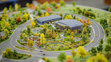 Urban green infrastructure model showing bioswales, rain gardens, and permeable pavementの素材