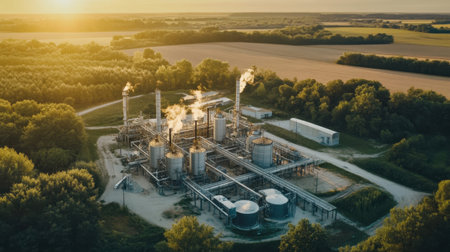 Water treatment facility with filtration tanks, clean pipelines, and monitoring equipment surrounded by greeneryの素材