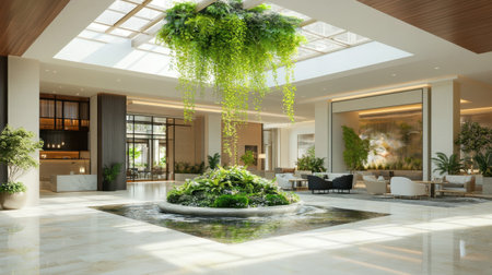 Atrium-style hotel lobby with hanging garden, skylight ceiling, and tranquil water feature, luxurious yet calm with no peopleの素材