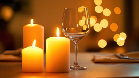 Candlelit dining area with pre-set tables, wine glasses sparkling under soft lighting, flawless ambiance for luxury serviceの素材