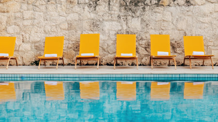 Designer pool chairs lined up beside a crystal-clear lap pool with luxury hotel branding subtly presentの素材