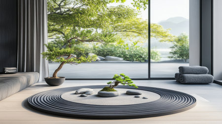 Calming zen corner in spa with bonsai tree, sand tray, and smooth stones, designed for meditation and balanceの素材