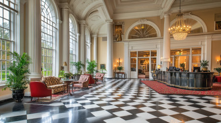 Clean lobby layout with checkerboard floor, arched mirrors, and classical columns, blending tradition and modern designの素材