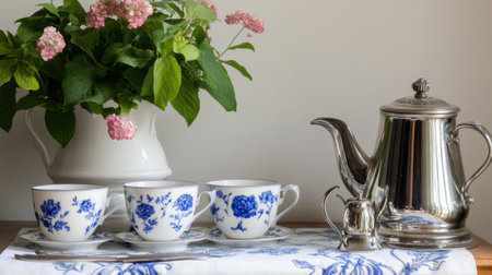 Butler pantry setup with fine china, silver coffee set, and embroidered napkins for room service eleganceの素材