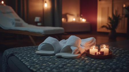Branded spa robes and slippers arranged on a chaise lounge beside flickering candles in a dim-lit spaceの素材