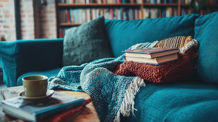 Comfortable suite sofa with throw blanket and coffee table books, designed for relaxationの素材