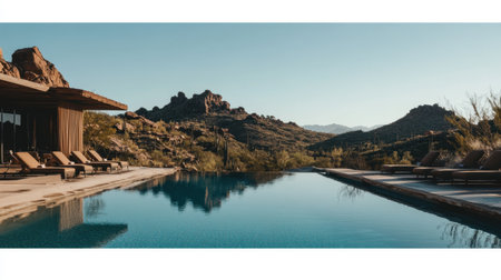 Clear turquoise pool at luxury desert resort, minimalist lounge chairs, and modern architecture framing the sceneの素材