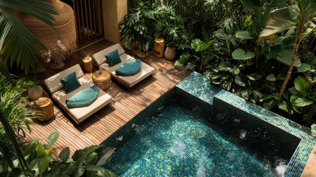 Elevated view of hotel pool with mosaic bottom, elegant daybeds, and surrounding tropical plants, peaceful vibeの素材