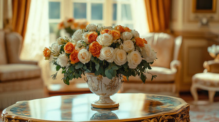 Fresh flower arrangement placed in a luxurious hotel suite with precision, representing attention to detail in high-end hospitalityの素材