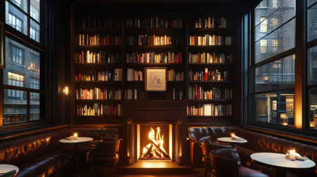 Five-star hotel lounge area with fireplace, velvet armchairs, and ambient lighting, cozy upscale scene without peopleの素材