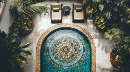 Elevated view of hotel pool with mosaic bottom, elegant daybeds, and surrounding tropical plants, peaceful vibeの素材