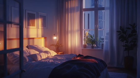 Evening mood in hotel room with soft lighting, closed curtains, and freshly turned bed inviting rest, serene silenceの素材