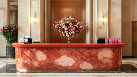 Five-star hotel reception desk with polished stone surface, floral centerpiece, and branded welcome kits ready for guestsの素材