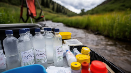 River water sampling setup with labeled bottles, cooler, and turbidity meterの素材