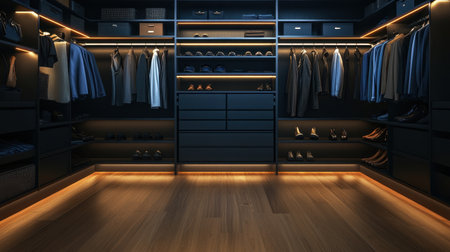 Designer closet in luxury suite with robes, slippers, and boutique branding, organized and immaculate, no one insideの素材