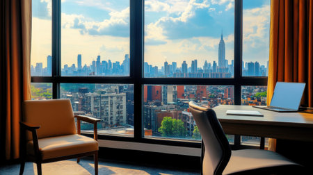 Executive suite with work desk, armchair, and large windows showing skyline view, high-end design and empty settingの素材