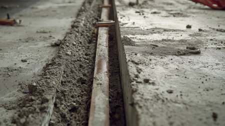 Reinforced concrete slab with embedded utilities in progress at a civil engineering siteの素材