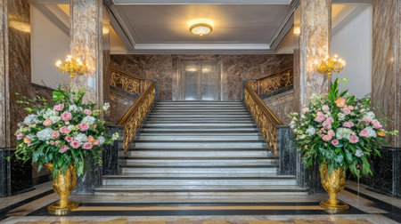 Five-star hotel lobby with marble staircase, oversized floral arrangements, and ambient spotlighting, grand and emptyの素材