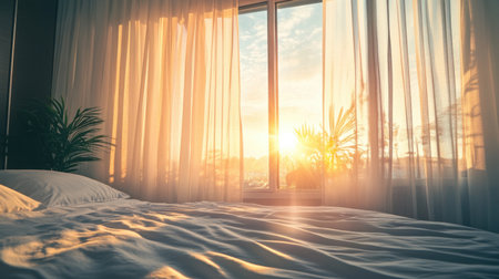 Daytime view of hotel suite with sunlight streaming through sheer curtains, creating a bright, airy spaceの素材
