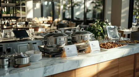 Grand buffet counter with stainless chafing dishes, marble top, and stylish labels in hotel dining areaの素材
