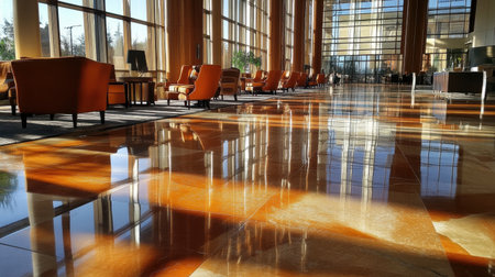 Evening scene in hotel lobby with soft interior lighting, quiet ambiance, and shadows dancing across sleek surfacesの素材