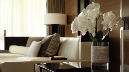 Fresh flower arrangement placed in a luxurious hotel suite with precision, representing attention to detail in high-end hospitalityの素材