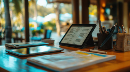 High-end hotel desk with curated guidebooks, designer pen, and in-room tablet showing guest services menuの素材