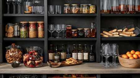 Hotel room minibar with curated premium snacks, drinks, and glassware arranged neatly for a refined guest experienceの素材