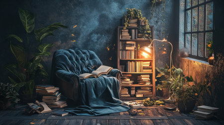 Luxury hotel reading nook with plush armchair, designer lamp, and stacked books, cozy and exclusive setting, no peopleの素材