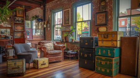 Boutique lobby space with vintage luggage decor, artisan furniture, and exposed brick accents, chic and unoccupiedの素材