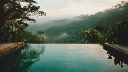 Elegant edge-lit infinity pool overlooking jungle valley at dawn, water perfectly still with mist rising in backgroundの素材