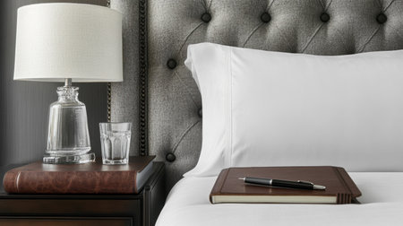 Detail of bedside table in hotel suite with leather notebook, branded pen, and glass of water, clean and stylishの素材