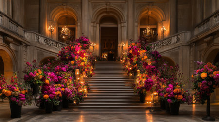 Five-star hotel lobby with marble staircase, oversized floral arrangements, and ambient spotlighting, grand and emptyの素材