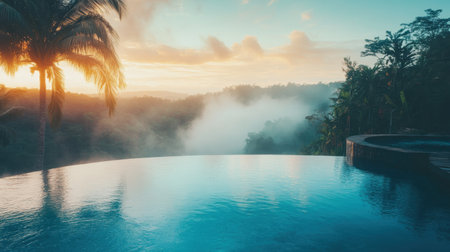 Elegant edge-lit infinity pool overlooking jungle valley at dawn, water perfectly still with mist rising in backgroundの素材