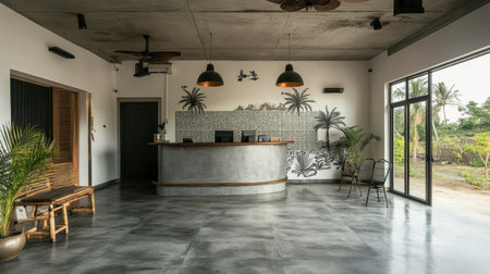 Hotel entrance lobby with tiled mural wall, polished concrete floors, and curved reception desk, uniquely modern and emptyの素材