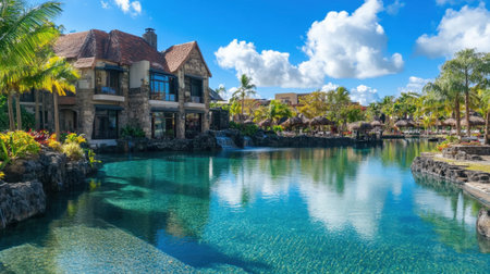 Idyllic luxury beachfront hotel with infinity pool and swim-up bar, overlooking crystal-clear water and palm treesの素材