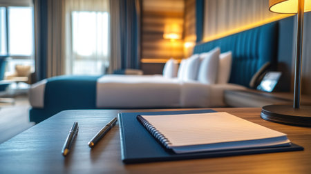 Hotel room workspace with modern desk, notepad, pen, and desk lamp, designed for executive use in a quiet settingの素材