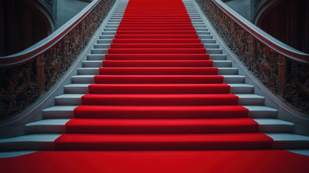 Grand staircase in classic luxury hotel, intricate railing, and red carpet steps, vintage elegance with no oneの素材