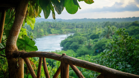 Jungle river winding below open balcony of luxury eco-lodge, untouched view and wooden railingの素材