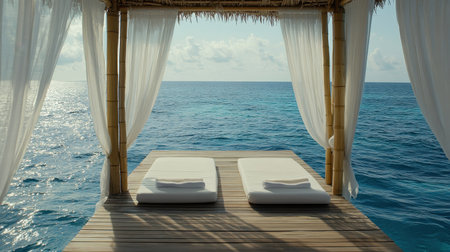 Minimalist spa deck facing peaceful ocean view, open design and bamboo decor complement the calm settingの素材