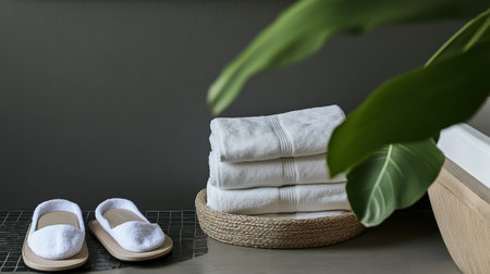 Ironed linens and neatly stacked bath towels placed beside heated floors and slippers in luxury suite bathroomの素材