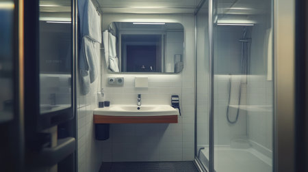 Mirror reflection of clean hotel room interior showing balanced design and crisp styling without human presenceの素材